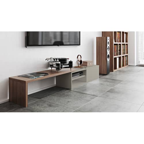 Slide Extensible TV cabinet grey natural wood / Swivel - L 110 to 203 cm - POP UP HOME - Grey / Walnut - Painted honeycomb panels, Walnut veneer