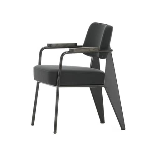Poltrona imbottita Fauteuil Direction metallo tessuto grigio / Jean Prouvé, 1951 - Vitra - Tessuto grigio scuro / nero e rovere affumicato - Acciaio, Rovere massello, Schiuma di poliuretano, Tessuto