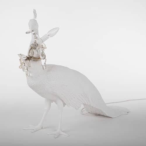 Bodenleuchte Peacock plastikmaterial weiß / Kunstharz - Lampe in Pfauenform / L 100 x H 69 cm - Seletti - Weiß & goldfarben - Harz