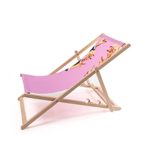 Chaise longue pliable inclinable Toiletpaper bois multicolore / Lipsticks pink - Seletti - Lipsticks pink - Hêtre massif, Polyester