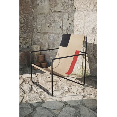 Fauteuil Desert tissu multicolore beige / Structure noire - Bouteilles plastique recyclées - Ferm Living - Métal noir / Toile Block - Acier thermolaqué, Tissu recyclé