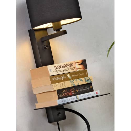 Florence Wall light with plug metal black / Fabric lampshade - LED reading light, shelf & USB port - It\'s about Romi - Black - Cotton, Iron