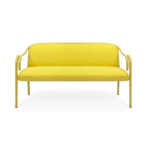 Sitzbank Loop textil holz gelb / gebogene Buche - L 145 cm - Wiener GTV Design - Grüngelb (D28) / Gelber Stoff (Kvadrat Vidar 443) - Buche geschwungen, Kvadrat-Gewebe, Schaumstoff