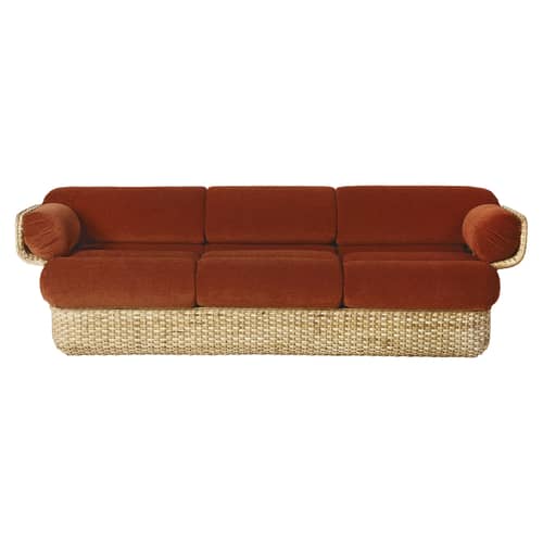 Basket Straight sofa textile cane & fibres orange brown beige natural wood / 3 seats - By Joe Colombo (1967) / L 233 cm - Gubi - Rust (Dedar belsuede FR 133) -  Ouate, Fabric, Foam, Rattan