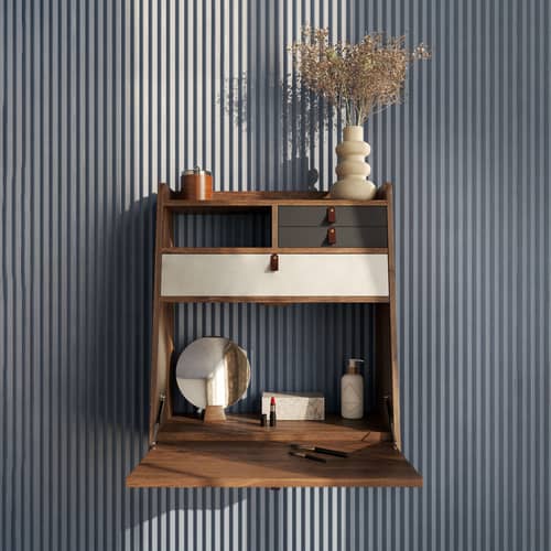 Secrétaire mural Gaston bois marron / L 60 x H 72 cm - Hartô - Gris ardoise & gris clair / Chêne teinté - Cuir, MDF plaqué chêne