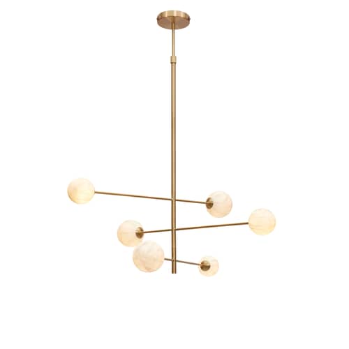 Suspension Carrara métal blanc or / 3 bras & 6 globes - Verre effet marbre / L 99 x H 95 cm / Seconde vie - It\'s about Romi - Blanc effet marbre / Or - Métal, Verre
