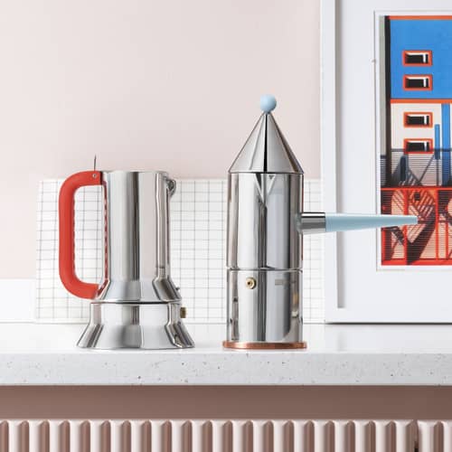 Cafetière italienne La Conica, Poignée longue (1984) métal / 3 tasses - SAUF induction / Alessi 100 Values Collection - Alessi - Acier / Bleu pâle - Acier inoxydable, Cuivre, Résine thermoplastique