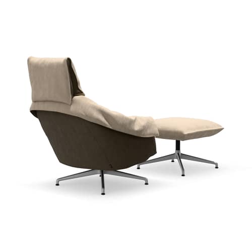 Drehsessel- & Ottomanen-Set Bascule Highback textil beige / Neigungsmechanismus – 4-Tischbein-Gestell - Vitra - Cremefarben & hellbraun (Iroko-Gewebe) / Fuß aus sandgestrahltem Aluminium - Aluminium, Gewebe, Recycelbarer PU-Schaum