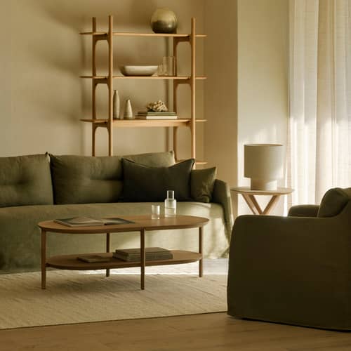 Fauteuil rembourré Weave tissu vert - Ethnicraft - Vert -  Plumes, Contreplaqué, Mélange de lin, Mousse