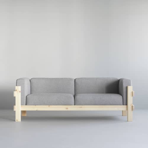 Canapé droit Kube tissu gris / L 220 cm - Normann Copenhagen - Pin naturel / Gris (Remix 133) -  Plumes, Mousse haute densité, Pin massif éco-certifié, Tissu Kvadrat