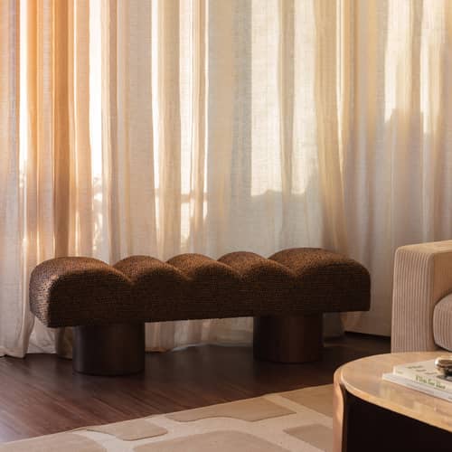 Panca imbottita Nova tessuto marrone / L 141 cm - NV GALLERY - Cognac / Noce - Bois d\'hévéa teinté, Schiuma ad alta densità, Tissu Tweed