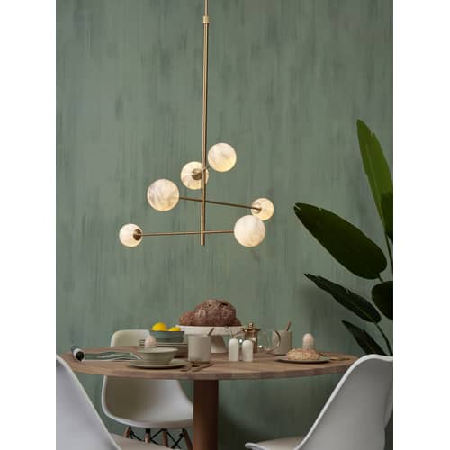 Suspension Carrara métal blanc or / 3 bras & 6 globes - Verre effet marbre / L 99 x H 95 cm / Seconde vie - It\'s about Romi - Blanc effet marbre / Or - Métal, Verre