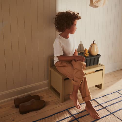 Banc enfant Little Architect / Rangement avec tiroir coulissant - L 60 cm - Ferm Living - Bleu - Frêne massif, Placage de frêne