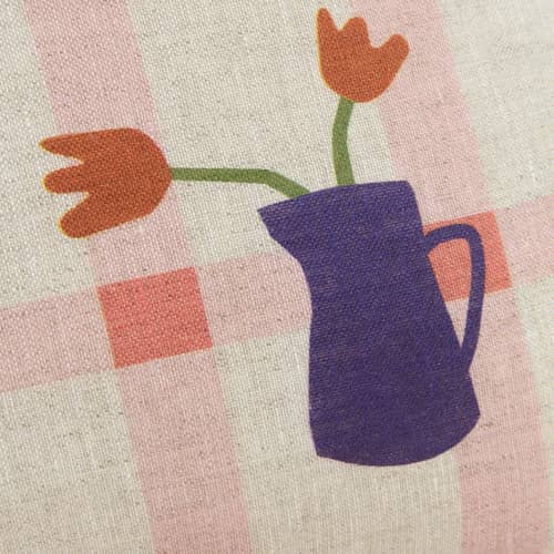 Coussin Vibes Rectangular tissu rose / Medium - 44 x 25 cm - NOBODINOZ - Tulipes / Grille rose - Lin français, Polyester Oeko-Tex