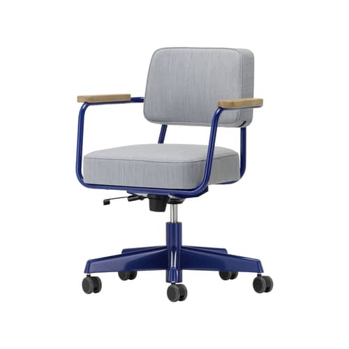 Poltrona a rotelle Fauteuil Direction Pivotant metallo tessuto grigio / Jean Prouvé, 1951 - Vitra - Tessuto grigio bluastro (Tress 06) / Blu e rovere - Acciaio, Rovere massello, Schiuma di poliuretano, Tessuto