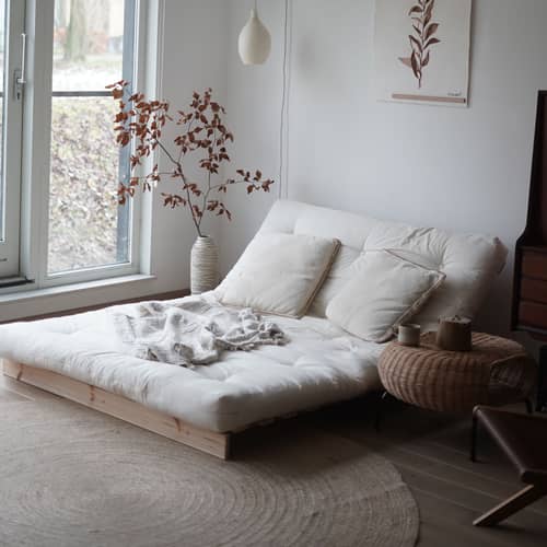 Schlafcouch Roots holz braun / B 140 cm - 3 Positionen / Struktur Pinie Klare Kiefer - KARUP - Mokka 755 / Klare Kiefer - FSC-zertifiziertes Massivholz Kiefer, Gewebe, Recycelte Mischfasern, Schaumstoff