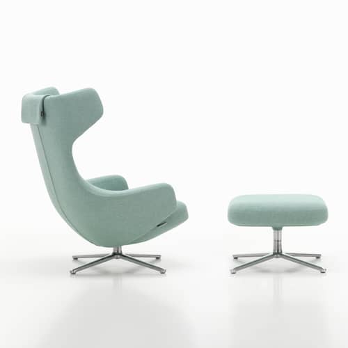 Set fauteuil & repose-pieds Grand Repos tissu vert / Pivotant & inclinable - Vitra - Bleu-vert (tissu Dumet)  / Alu poli -  Plumes, Aluminium poli, Mousse polyuréthane, Tissu