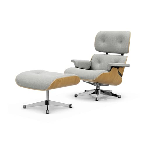 Set fauteuil & repose-pieds Lounge Chair & Ottoman tissu beige / Eames (1956) - Vitra - Châtaignier clair / Crème (tissu Nubia) - Contreplaqué cintré, Mousse polyuréthane, Placage châtaignier clair, Tissu