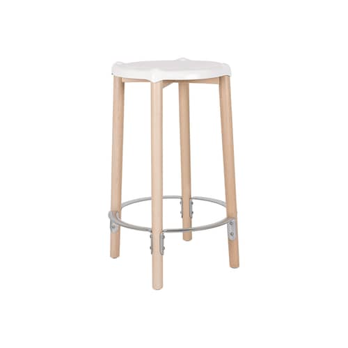 Sgabello alto Poêle Collection metallo bianco / By Philippe Starck - H 65 cm - Alessi - Bianco/Faggio naturale - Acciaio verniciato con resina epossidica, Faggio