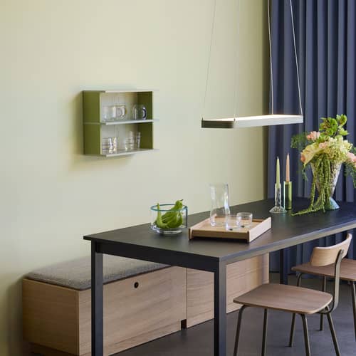 Gepolsterte Bank Alcove holz natur / Kiste mit Schublade - B 90 cm - HÜBSCH - Eiche / ecru - eichenfurnierte Holzfaserplatte, Gewebe, Schaumstoff