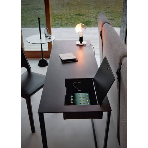 Bureau Calamo cuir marron / Console - Cuir sellier - L 130 cm - Zanotta - Cuir marron / Piètement graphite - Acier verni, Cuir sellier