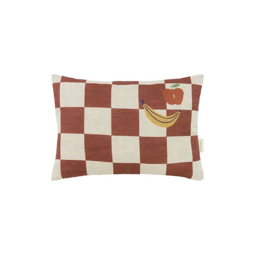 Coussin Vibes Rectangular tissu marron / Small - 33 x 22 cm - NOBODINOZ - Fruits / Damier marron - Lin français, Polyester Oeko-Tex