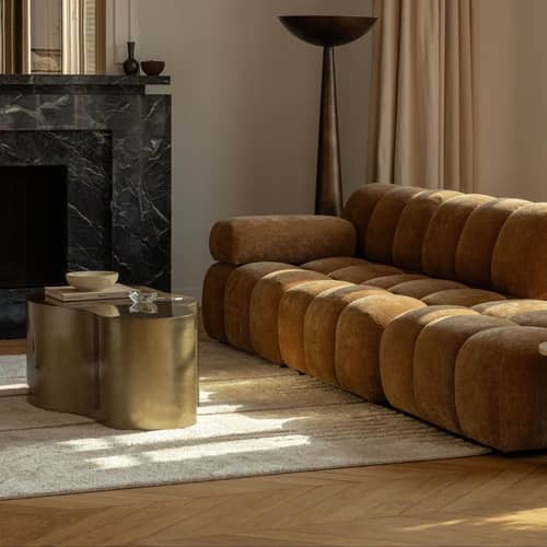 Gepolsterter Sessel Waffle textil braun / Sofa modulierbar – Austauschbare Armlehne - NV GALLERY - Camel, gekräuselt - Gewebe, High Density-Schaum