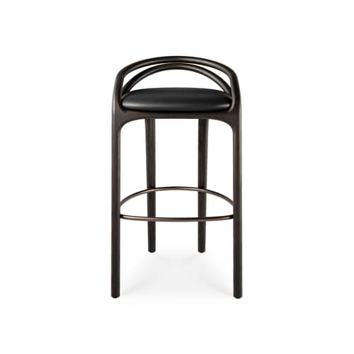 Tabouret haut Aleta INDOOR cuir noir / H 78,5 cm - MORPHO - Cuir noir / Brun foncé - Cuir semi-aniline, Métal, Mousse haute densité, Teck massif
