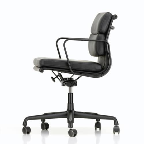 Sessel mit Rollen Soft Pad EA 217 leder schwarz / Mittelhohe Rückenlehne - Leder / Eames, 1969 - Vitra - Schwarz (Leder) / Aluminium schwarz - Aluminium-Druckguß, Leder, Polyurethan-Schaum