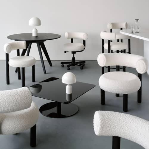 Sedia imbottita Fat Dining tessuto bianco / Tessuto Elle Sahco - Tom Dixon - Bianco (tessuto Elle Sahco) / Acciaio Nero - Acciaio, Compensato, Espanso, Tessuto Elle Saccho