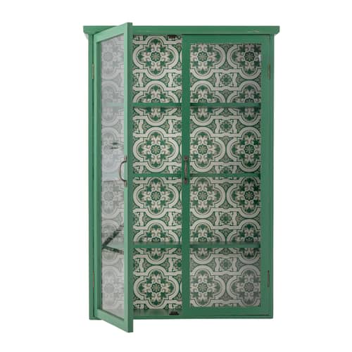 Rangement mural Hazem / Vitrine - L 81 x P 22 x H 122 cm - Bloomingville - Vert sapin / Fond motifs - MDF, Sapin peint, Verre trempé