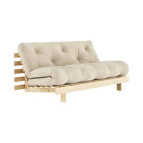 Schlafcouch Roots holz beige / B 160 cm - 3 Positionen / Struktur Pinie Klare Kiefer - KARUP - Beige 747 / Hellbeige Pinie - FSC-zertifiziertes Massivholz Kiefer, Gewebe, Recycelte Mischfasern, Schaumstoff