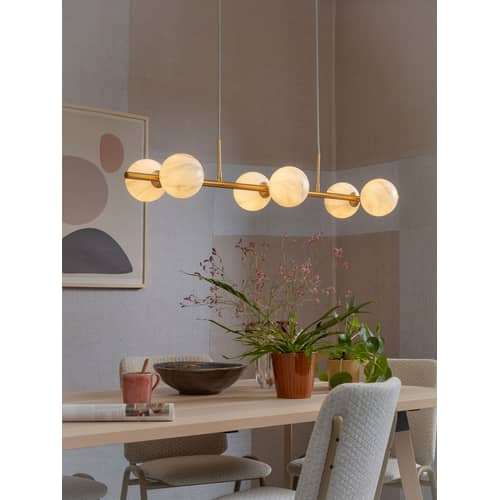 Suspension Carrara métal blanc or / 6 globes - Verre effet marbre / L 105 x H 20 cm / Seconde vie - It\'s about Romi - Blanc effet marbre / Or - Métal, Verre