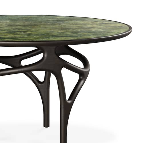 Cena INDOOR Round table marble green / Ø 150 cm (8 people) - Marble Tray - MORPHO - Green Marble / Dark brown Base, leg - Marble, Solid teak