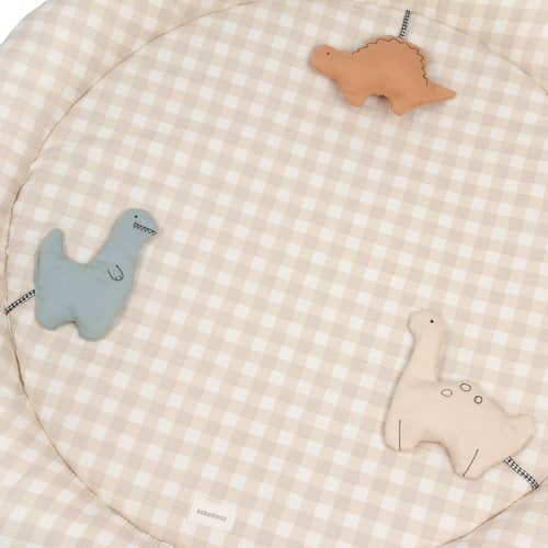 Spielteppich Playground textil beige / Ø 100 cm - NOBODINOZ - Dinosaurier / Vichy beige - Organische Baumwolle, Polyester (OEKO-TEX® zertifiziert)