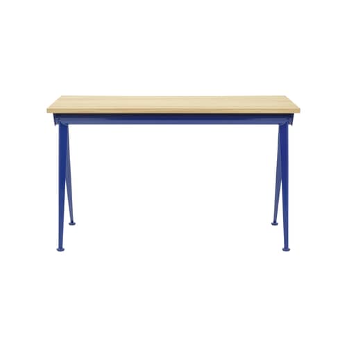 Bureau Compas Direction     / Jean Prouvé, 1953 - L 125 cm - Vitra - Chêne naturel / Bleu Marcoule - Acier, Chêne massif