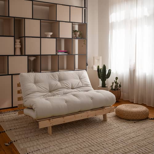 Schlafcouch Roots holz weiß / B 140 cm - 3 Positionen / Struktur Pinie Klare Kiefer - KARUP DESIGN - Naturpinie 701 / Klare Kiefer hell - FSC-zertifiziertes Massivholz Kiefer, Gewebe, Recycelte Mischfasern, Schaumstoff