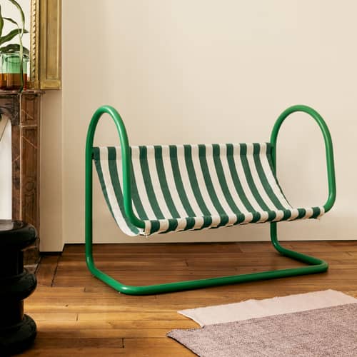 Canapé de jardin 2 places Petit Double métal vert / L 130 cm - Exclusivité Made In Design / Seconde vie - Axel Chay - Vert / Toile verte & blanche - Acier thermolaqué, Toile acrylique