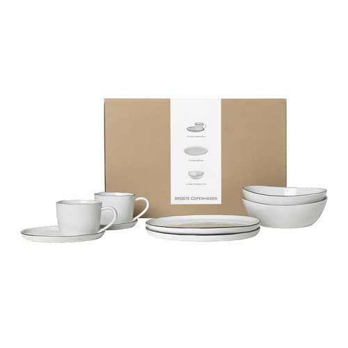 Set vaisselle Salt céramique blanc / Service petit-déjeuner 2 personnes - 8 pièces - BROSTE COPENHAGEN - Blanc / Liseré noir - Porcelaine émaillée