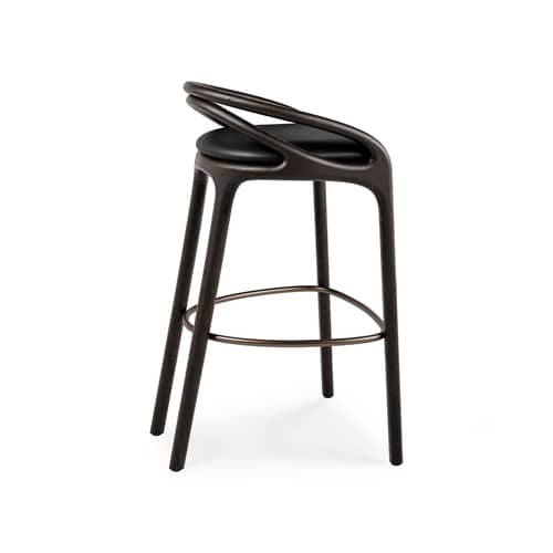 Tabouret haut Aleta INDOOR cuir noir / H 78,5 cm - MORPHO - Cuir noir / Brun foncé - Cuir semi-aniline, Métal, Mousse haute densité, Teck massif