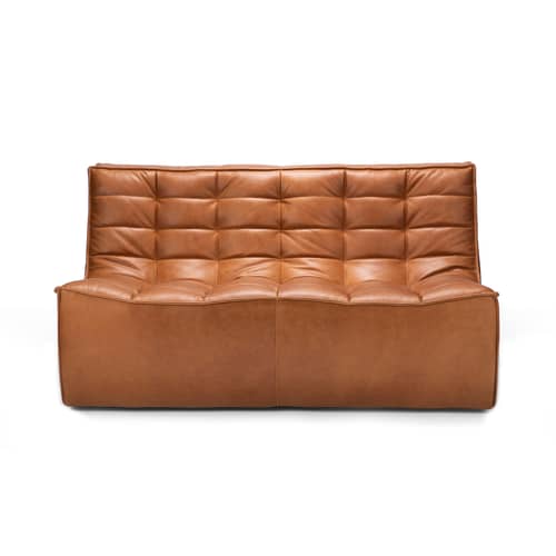 Canapé droit N701 cuir marron / 2 places - L 140 cm - Ethnicraft - Cognac - Bois, Cuir aniline, Mousse