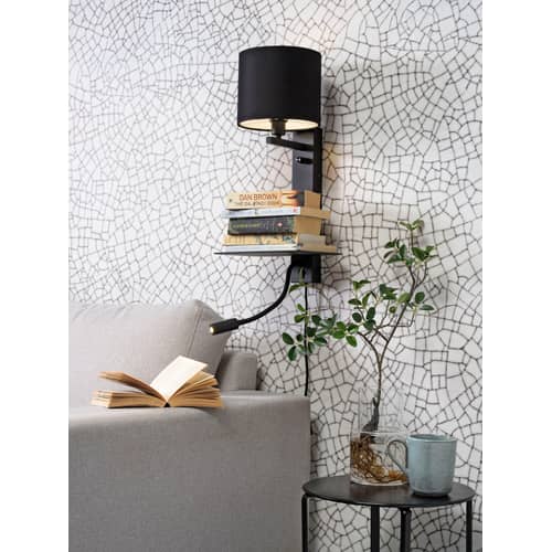 Applique avec prise Florence / Abat-jour tissu - Liseuse LED, étagère & port USB - It\'s about Romi - Noir - Coton, Fer