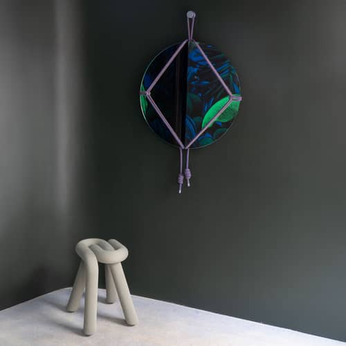 Miroir mural Shibari Rond verre bleu / Ø 65 cm - Moustache - Bleu - Corde, Hêtre, Verre