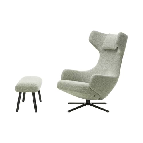 Set fauteuil & repose-pieds Grand Repos & Panchina tissu vert / Pivotant & inclinable - Vitra - Vert forêt-ivoire (tissu Nubia) / Alu noir -  Plumes, Aluminium injecté, Mousse polyuréthane, Tissu