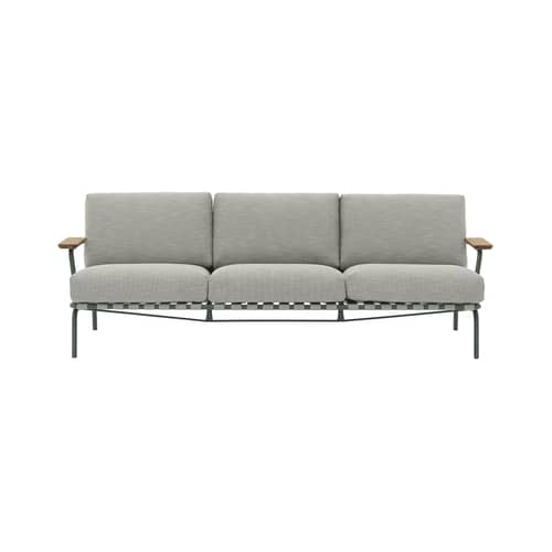 Canapé de jardin 3 places Settle tissu gris / L 218,5 cm - Muuto - Vert foncé / Tissu gris clair (Ribbed Weave 2) - Acajou, Acier, Mousse, Sangle polyester, Tissu d\'extérieur