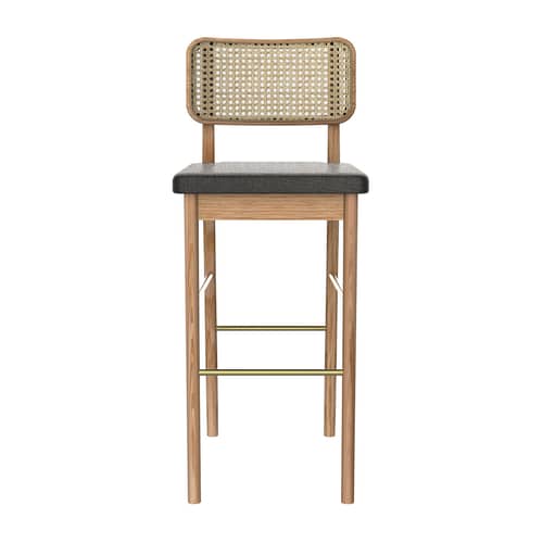 gepolsterter Hochstuhl Cannage textil grau / H 65 cm - Stoff - RED Edition - Stoff Kaviargrau / Eiche - Gewebe, massive Eiche, Messing, Rattan, Schaumstoff