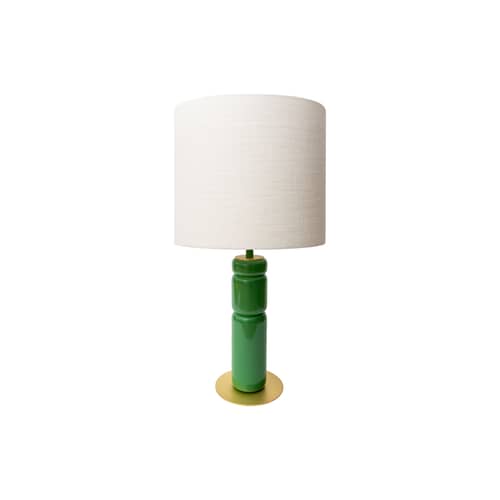 Lampe de table Petra tissu bois vert / Ø 35 x H 73 cm - POPUS EDITIONS - Pied vert  / Abat-jour blanc uni - Hêtre laqué, Laiton, Lin