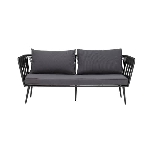 Gartensofa 2-Sitzer Pavone metall kunstfaser schwarz / L 174 cm - Handgewebtes Polyesterseil - Bloomingville - Schwarz / Kissen dunkelgrau - Polyester-Gewebe, Polyesterseil, Thermolackiertes Metall