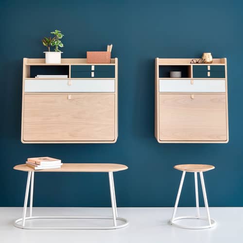 Secrétaire mural Gaston bleu bois naturel / L 60 x H 72 cm - Noyer - Hartô - Bleu pétrole & laiton / Noyer - Cuir, MDF plaqué chêne