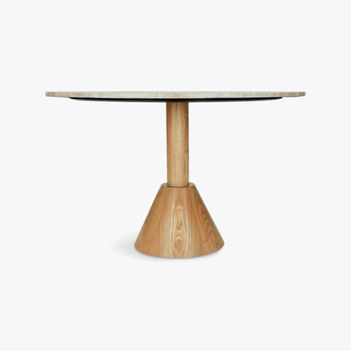 Table ronde Izia travertin beige / Ø 120 cm - NV GALLERY - Travertin beige / Frêne blond - Bois composite, Placage frêne, Travertin